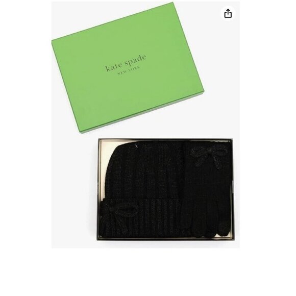 KATE SPADE metallic bow cuffed women's beanie winter hat + glove set -BLACK-2 PC - Picture 2 of 7